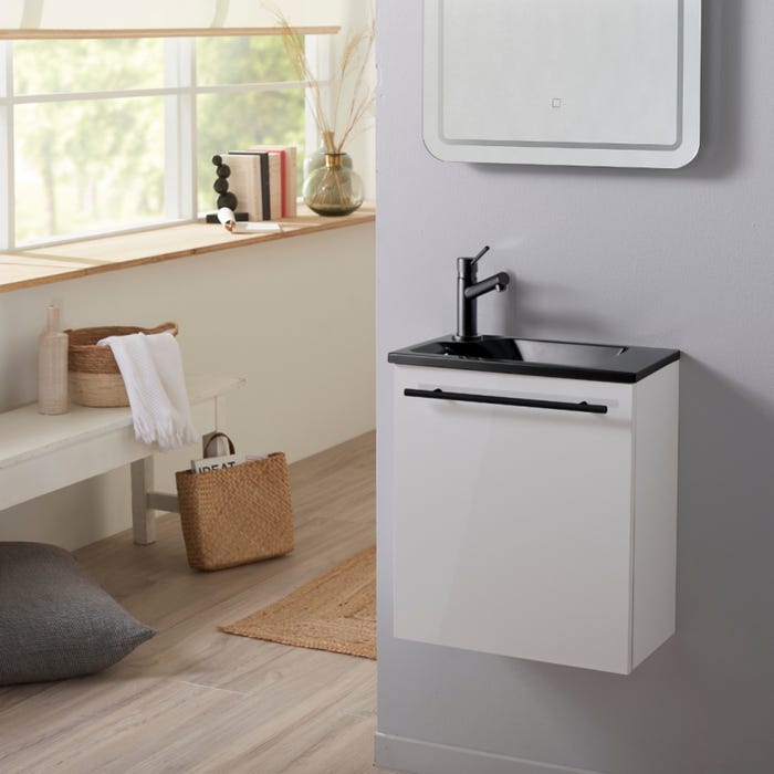 Meuble lave-mains pour wc couleur blanc finition vasque noir et robinet noir
