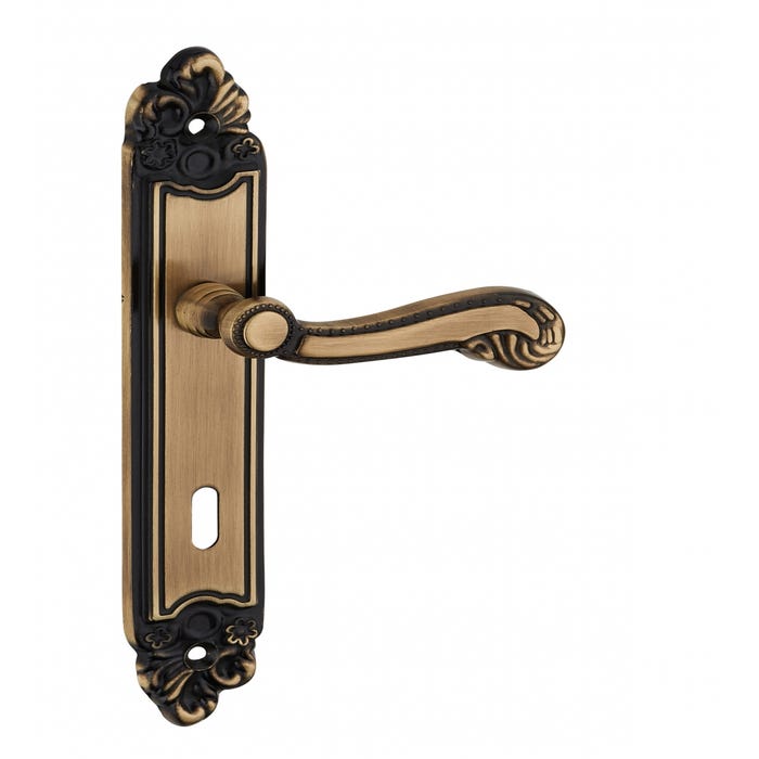 THIRARD - Ensemble de poignées pour porte de chambre Louis XV trou de clé, carré 7mm, entr'axes 195mm, laiton vieilli