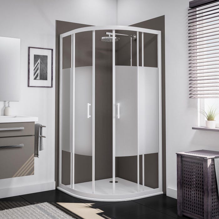 Schulte paroi de douche acces d'angle arrondi, 90 x 90 x 190 cm avec portes de douche coulissantes, 5 mm, verre sablé au milieu, profilé blanc, Sunny