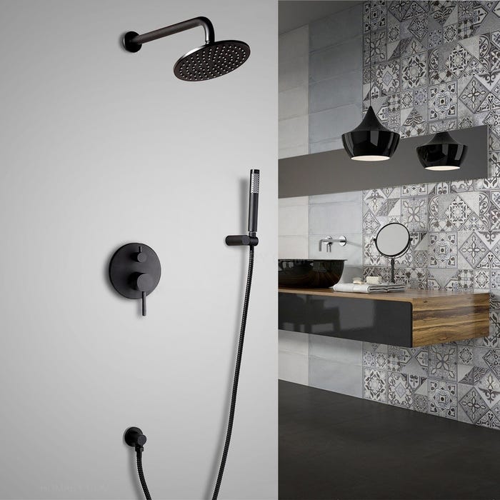 Ensemble de douche avec douchette finition noir valve standard support mural 300 mm - Corbeau