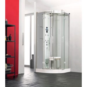 Cabine de douche complète HORIZON receveur de douche 1/4 de rond 90x90 hauteur 17,5 cm porte coulissante douche hydromassante et Hammam finition Acier