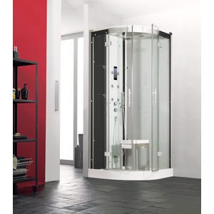 Cabine de douche complète HORIZON receveur de douche 1/4 de rond 90x90 hauteur 17,5 cm porte coulissante douche hydromassante et Hammam Perle Noire