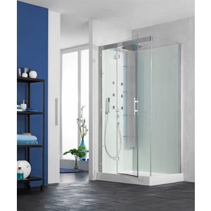 Cabine de douche complète HORIZON porte pivotante receveur 110x110 hauteur 12,5 cm douche hydromassante finition Acier