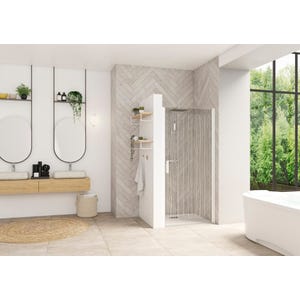 Porte de douche porte pivotante SMART Design sans seuil (conforme PMR) 95 cm hauteur 2,05m profilé blanc serigraphié bandes verticales