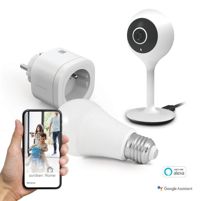 Kit Start Connect Avidsen Home (prise connectée + caméra connectée fixe + ampoule connectée) -