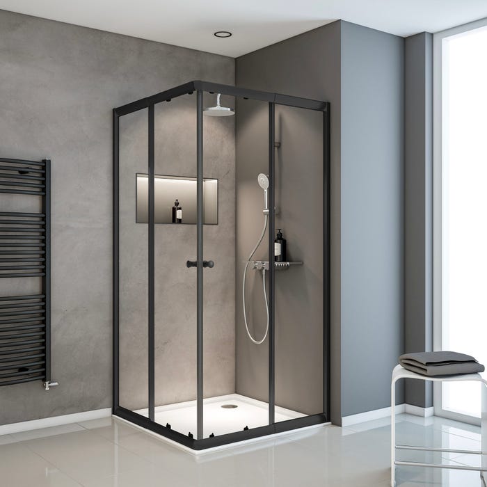 Schulte paroi de douche acces d'angle droit avec portes de douche coulissantes, 75-90cm x 75- 90 cm x 180 cm, verre transparent 4 mm, noir, Sunny
