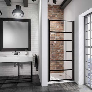 Schulte porte de douche pivotante, 90 x 192 cm, verre 5 mm transparent anticalcaire, sérigraphie verrière, style industriel, profilé noir