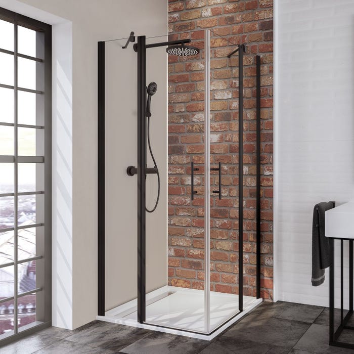 Schulte paroi de douche acces d'angle droit avec portes de douche battantes, 80 x 80 x 192 cm, verre 5 mm transparent anticalcaire, noir