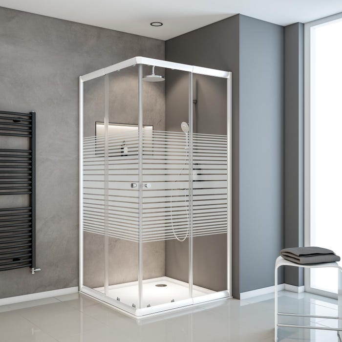 Schulte paroi de douche acces d'angle droit avec portes coulissantes, 80x80 - 90x90 cm x 180 cm, verre 4mm, blanc, sérigraphie bandes transversales