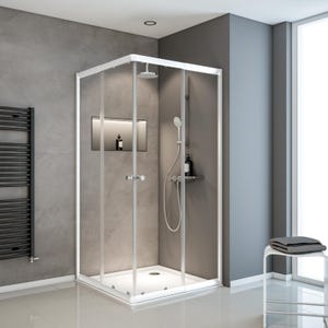 Schulte paroi de douche acces d'angle droit avec portes de douche coulissantes, 80 x 80 - 90 x 90 cm x 180 cm, verre 4 mm, blanc, verre transparent