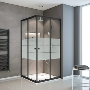 Schulte paroi de douche acces d'angle droit avec portes de douche coulissantes, 80 x 80 - 90 x 90 cm x 180 cm, verre dépoli light 4 mm, noir, Sunny