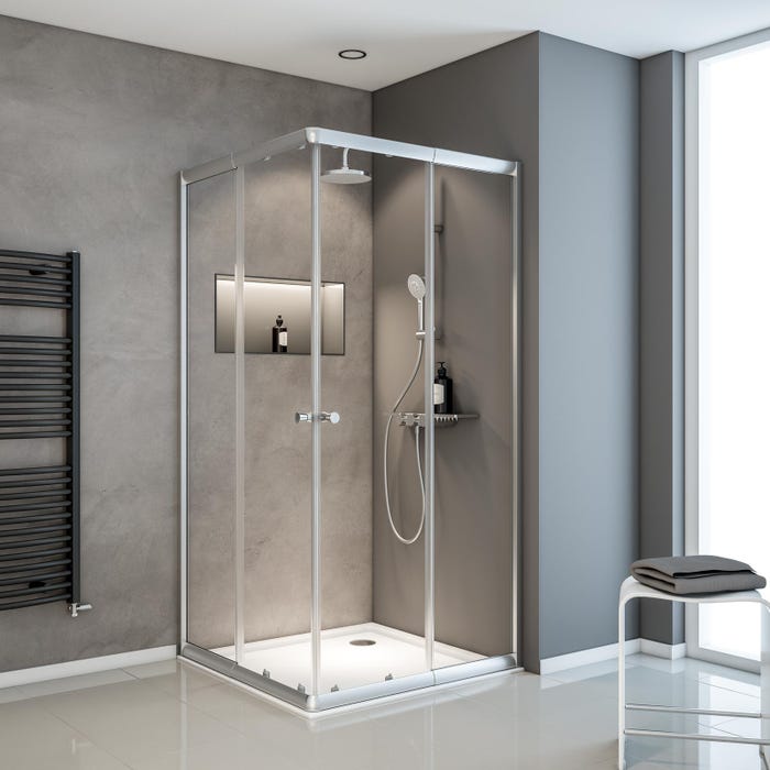 Schulte paroi de douche acces d'angle droit avec portes de douche coulissantes, 80 x 80 - 90 x 90 cm x 180 cm, verre transparent 4 mm, alu argenté