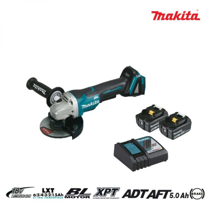 Meuleuse brushless MAKITA 18V 125mm - 2 batteries BL1850 5.0Ah - 1 chargeur rapide DC18RC DGA508RTJ