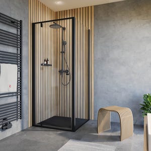 Schulte porte de douche pivotante avec porte latérale, 90 x 90 x 200 cm, décalage l´ouverte de la porte 20 cm, verre 6 mm transparent, profilé noir