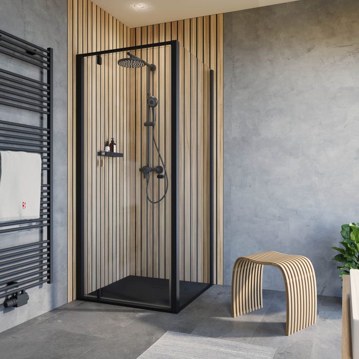Schulte porte de douche pivotante avec porte latérale, 80 x 80 x 200 cm, décalage l´ouverte de la porte 20 cm, verre 6 mm transparent, profilé noir