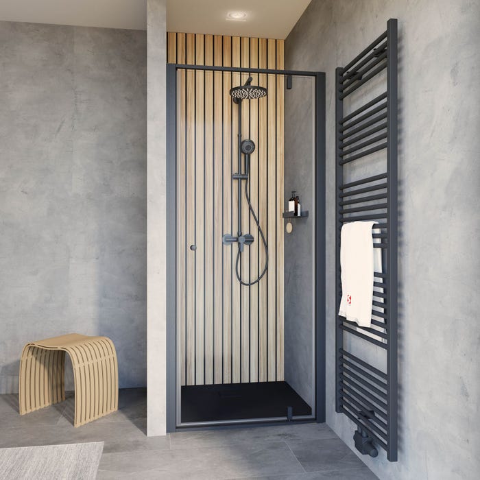 Schulte porte de douche pivotante en niche, 80 x 200 cm, décalage l´ouverte de la porte 20 cm, verre 6 mm transparent autolevant, profilé noir