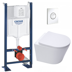 Grohe Pack WC Bâti-support autoportant + WC sans bride SAT Infinitio + Abattant softclose + Plaque blanc alpin (ProjectInfinitio-6)