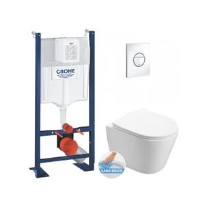 Grohe Pack WC Bâti-support autoportant + WC sans bride SAT Infinitio + Abattant softclose + Plaque blanc alpin (ProjectInfinitio-6)