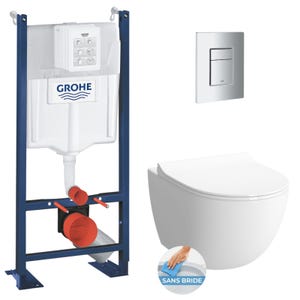 Grohe Pack Bâti-autoportant Rapid SL + WC sans bride Vitra Sento + Abattant softclose + Plaque chrome mat (ProjectSmoothSento-5)