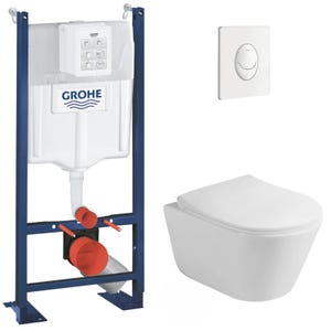 Grohe Pack WC Bâti-support autoportant + WC sans bride Lucco Avva + Abattant softclose + Plaque blanche (ProjectAvva-3)