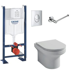WC suspendu sans bride JACOB DELAFON Elite + bâti-support GROHE + abattant + accessoires, Porte-rouleau rond, chrome