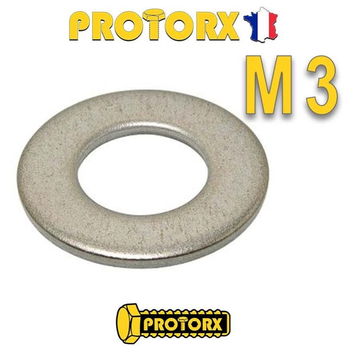 RONDELLE Plate MOYENNE M3 x 30pcs | Diam. int = 3,2mm x Diam. ext = 8mm | Acier Inox A2 | Usage Exterieur-Intérieur | Norme NFE 25514 | PROTORX