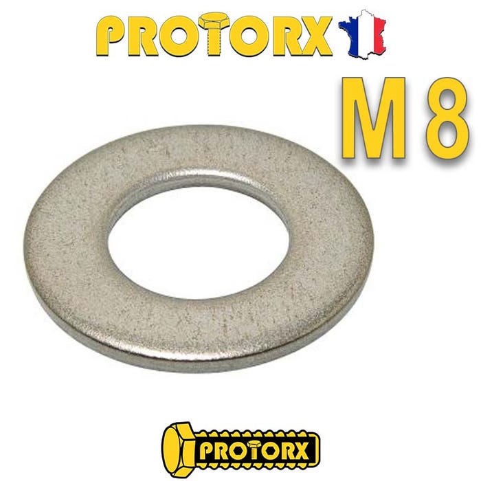 RONDELLE Plate MOYENNE M8 x 10pcs | Diam. int = 8,4mm x Diam. ext = 18mm | Acier Inox A2 | Usage Exterieur-Intérieur | Norme NFE 25514 | PROTORX
