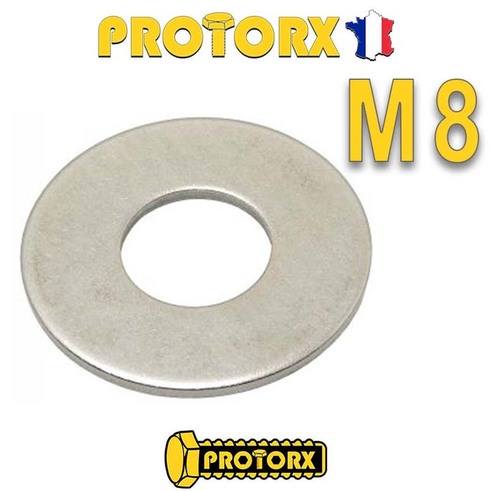 RONDELLE Plate LARGE "L" M8 x 20pcs | Diam. int =8,4mm x Diam. ext = 22mm | Acier Inox A2 | Usage Exterieur-Intérieur | Norme NFE 25514 | PROTORX
