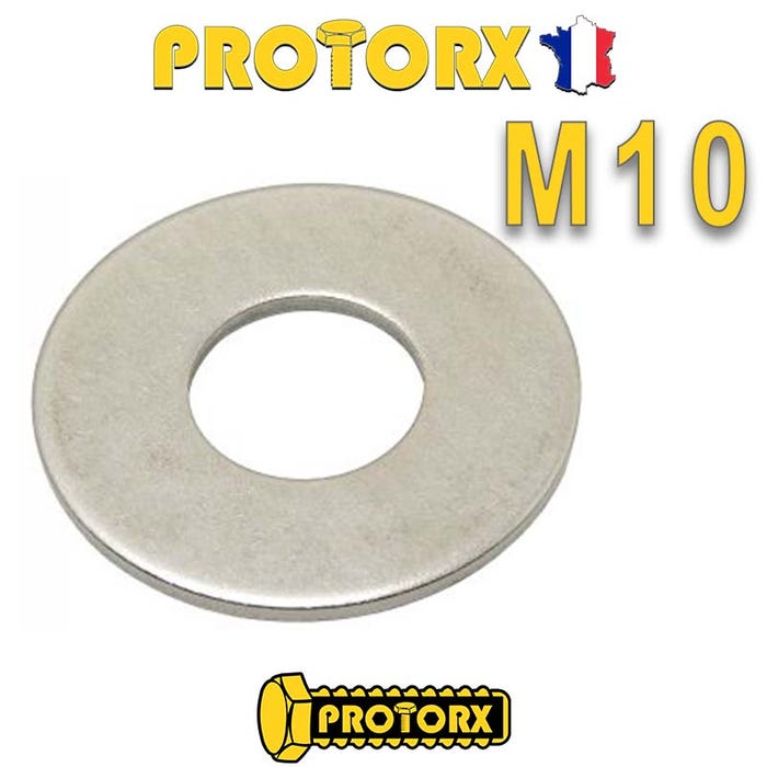 RONDELLE Plate LARGE "L" M10 x 10pcs | Diam. int =10,5mm x Diam. ext = 27mm | Acier Inox A2 | Usage Exterieur-Intérieur | Norme NFE 25514 | PROTORX
