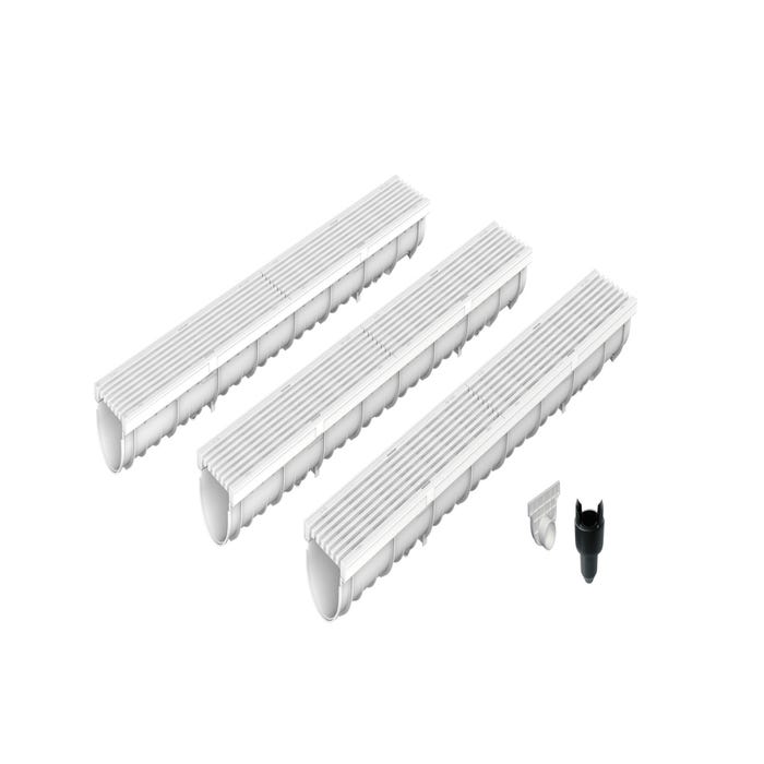 Pack de 3 Caniveaux extérieurs avec grille à fentes longitudinales en plastique recyclé grises DECOLINE - Largeur utile 10cm – passage piéton