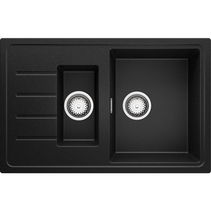Evier Cuisine en Granit Noir, 78 x 50 cm, Lavabo 1,5 bac + Kit de Vidage, Évier à Encastrer de Primagran