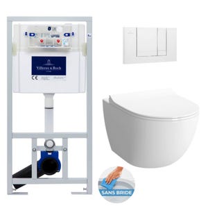 Villeroy & Boch Pack WC Bâti-support ViConnect Pro + WC sans bride Sento SmoothFlush + Abattant softclose + Plaque double touche blanche