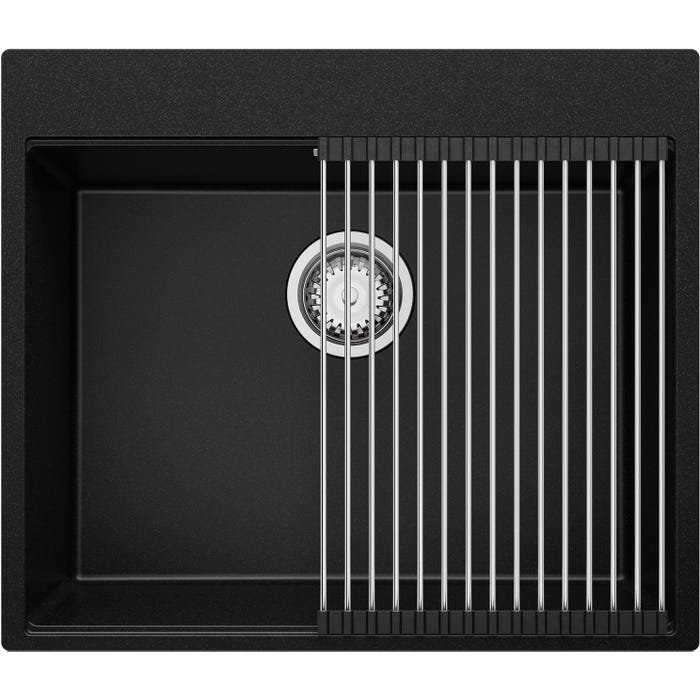Evier Cuisine en Granit Noir, 58 x 50 cm, Lavabo 1 bac + Kit de Vidage, Évier à Encastrer Oslo 60 Top de Primagran