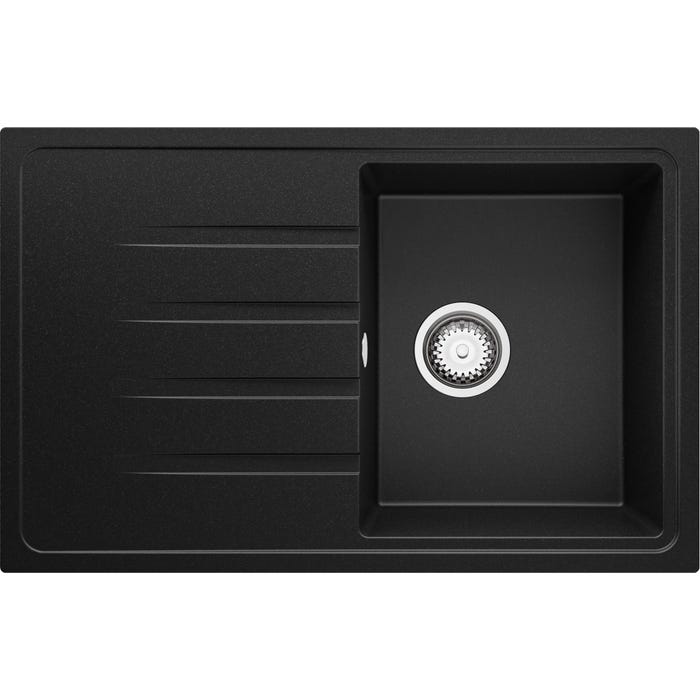 Evier Cuisine en Granit Noir, 78 x 50 cm, Lavabo 1 bac + Kit de Vidage, Évier à Encastrer Milan 780 de Primagran