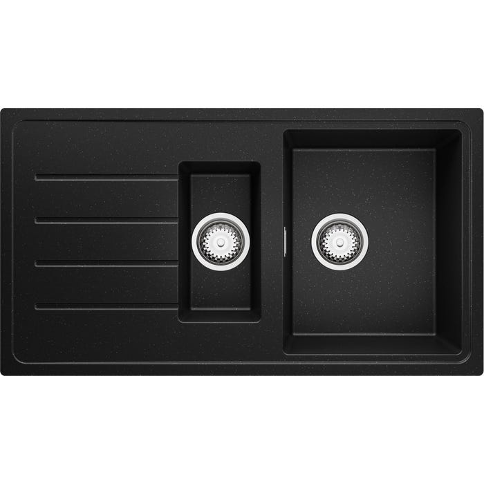 Evier Cuisine en Granit Noir Metallic, 90 x 50 cm, Lavabo 1,5 bac + Kit de Vidage, Évier à Encastrer de Primagran