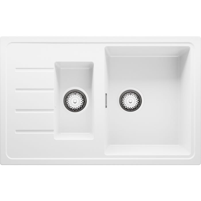 Evier Cuisine en Granit Blanc, 78 x 50 cm, Lavabo 1,5 bac + Kit de Vidage, Évier à Encastrer de Primagran