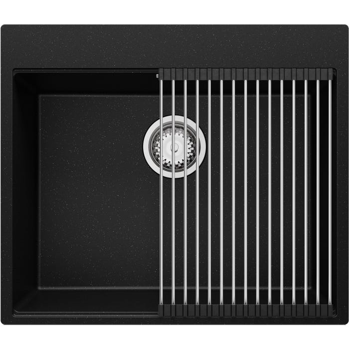 Evier Cuisine en Granit Noir Metallic, 58 x 50 cm, Lavabo 1 bac + Kit de Vidage, Évier à Encastrer Oslo 60 Top de Primagran
