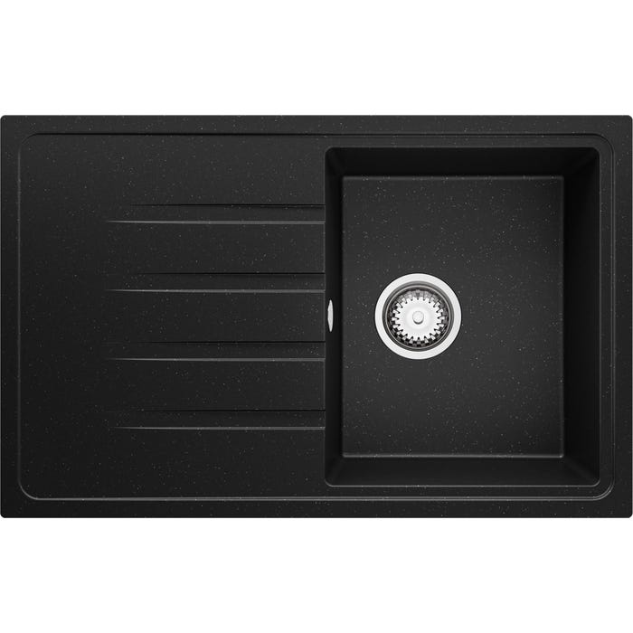 Evier Cuisine en Granit Noir Metallic, 78 x 50 cm, Lavabo 1 bac + Kit de Vidage, Évier à Encastrer Milan 780 de Primagran