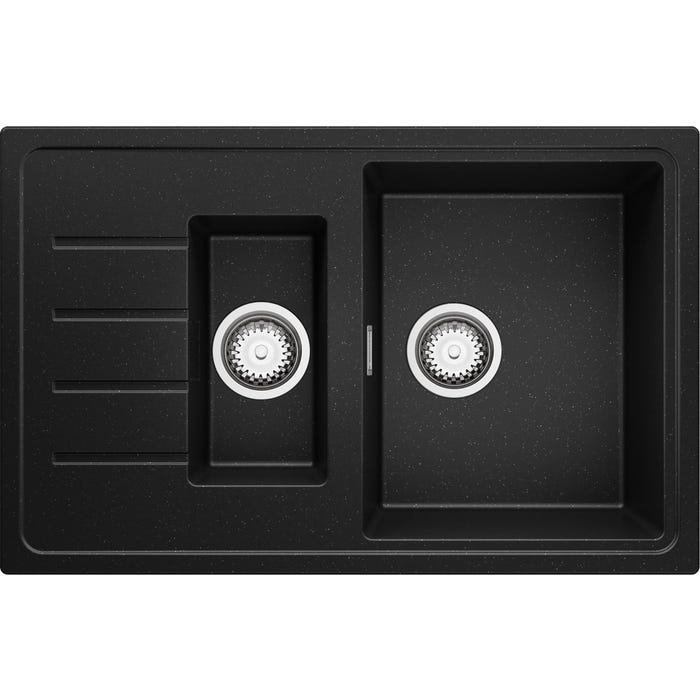 Evier Cuisine en Granit Noir Metallic, 78 x 50 cm, Lavabo 1,5 bac + Kit de Vidage, Évier à Encastrer de Primagran
