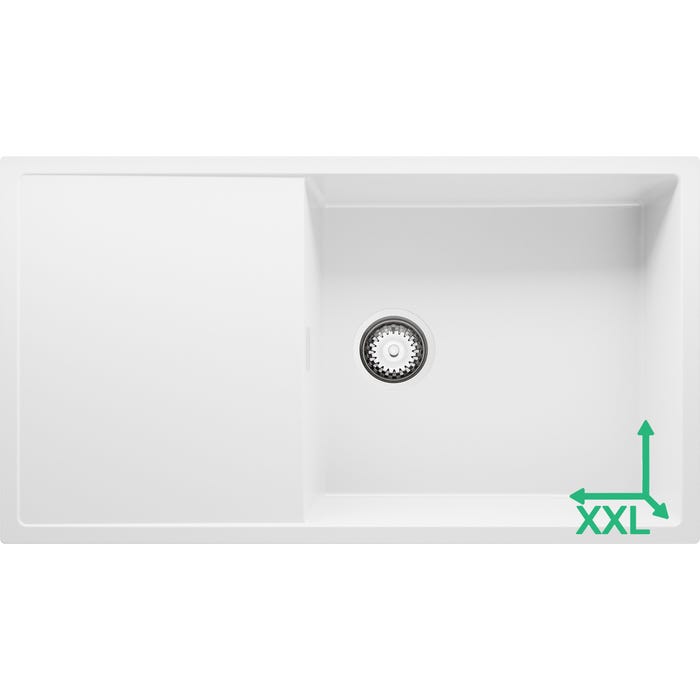 Evier Cuisine en Granit Blanc, 90 x 50 cm, Lavabo 1 bac XL + Kit de Vidage, Évier à Encastrer de Primagran