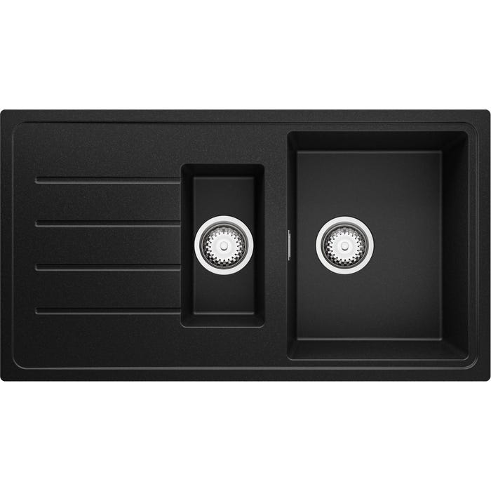 Evier Cuisine en Granit Noir, 90 x 50 cm, Lavabo 1,5 bac + Kit de Vidage, Évier à Encastrer de Primagran