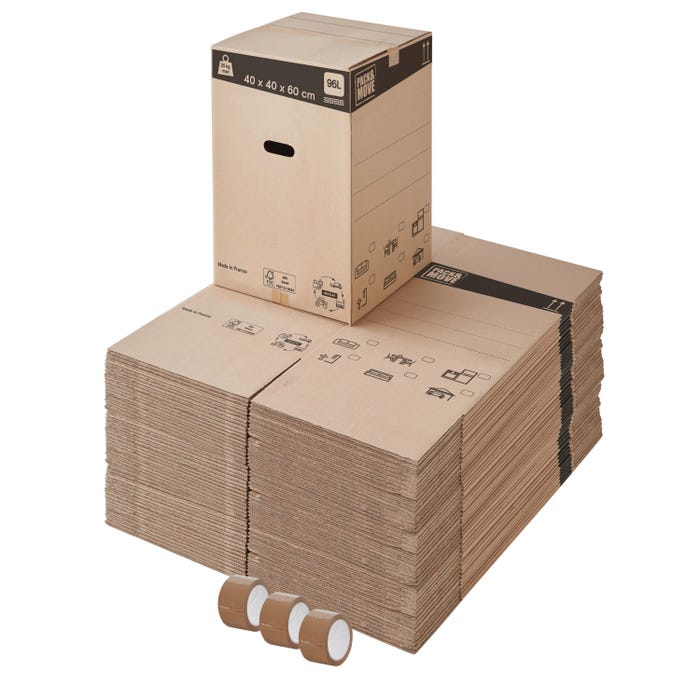 Lot de 60 cartons de déménagement hauts et renforcés - 96L, charge max 25kg - made in France + 3 adhésifs offerts