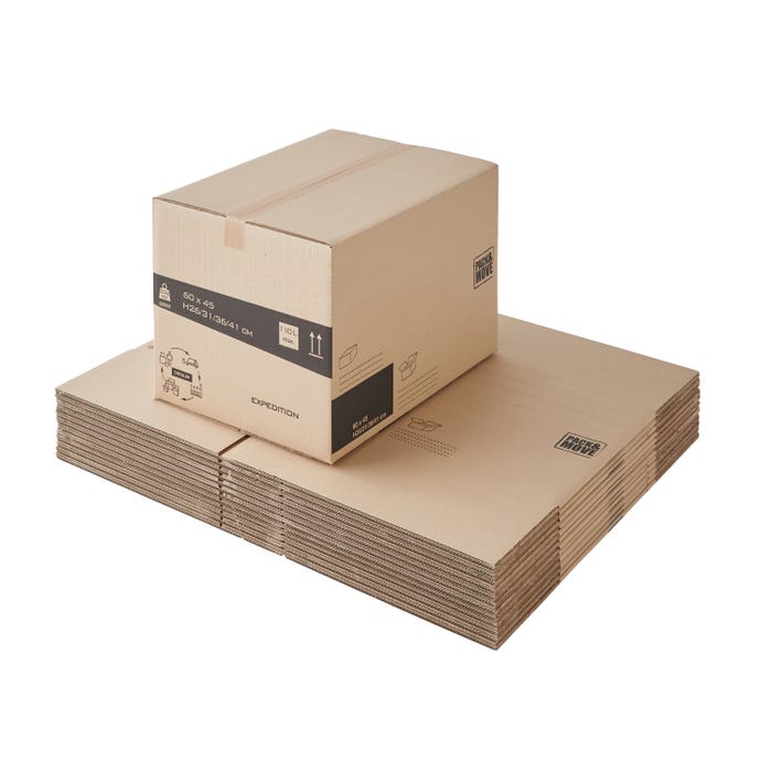 Lot de 45 boites cartons à hauteur variable - 110L, charge max 20kg - Déménagement ou expédition - made in France + 3 adhésifs offerts
