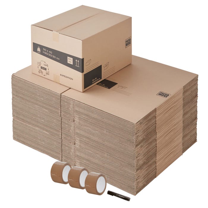 Lot de 75 boites cartons à hauteur variable - 60L, charge max 15kg - Déménagement ou expédition - made in France + 3 adhésifs offerts