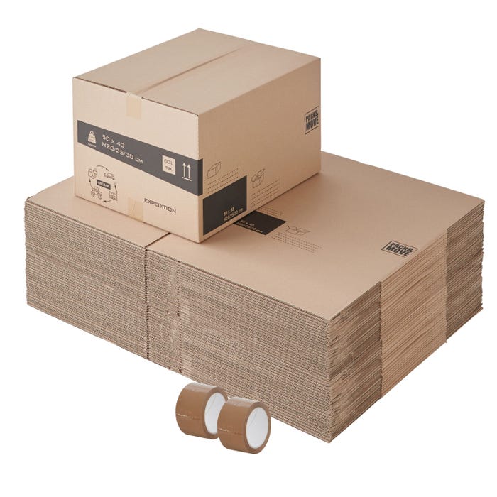 Lot de 50 boites cartons à hauteur variable - 60L, charge max 15kg - Déménagement ou expédition - made in France + 2 adhésifs offerts