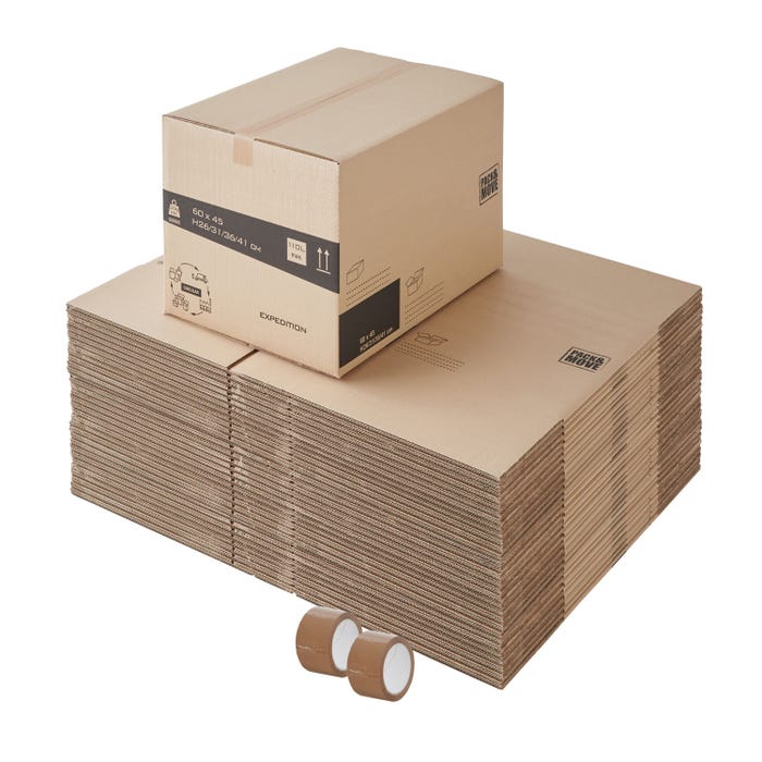 Lot de 30 boites cartons à hauteur variable - 110L, charge max 20kg - Déménagement ou expédition - made in France + 2 adhésifs offerts