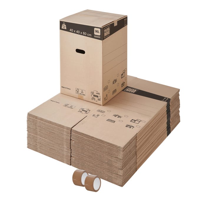 Lot de 40 cartons de déménagement hauts et renforcés - 96L, charge max 25kg - made in France + 2 adhésifs offerts