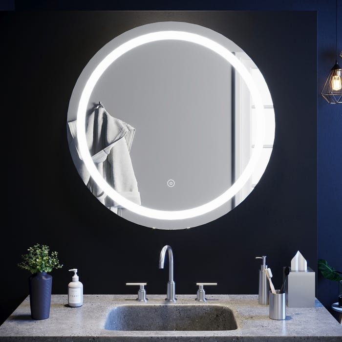 SIRHONA Miroir de Salle de Bain Rond Miroir LED 80cm Miroir Anti-buée avec éclairage intégré Blanc Froid Miroir Rond Mural