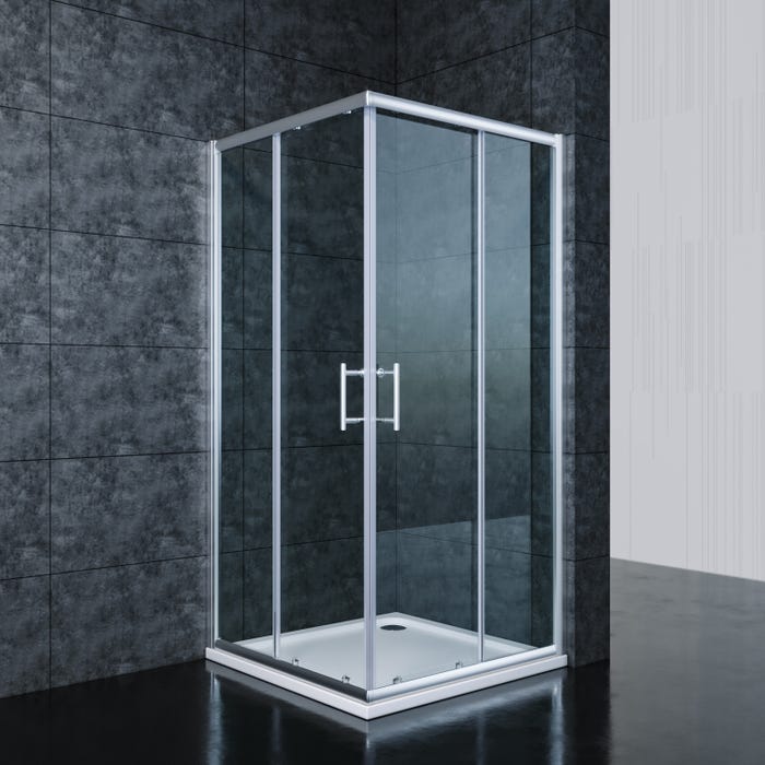 SIRHONA Cabine de douche complète 90x90x185 cm coulissante à double ouverture, porte en verre à 2 panneaux fixes de 5mm, finition chromée