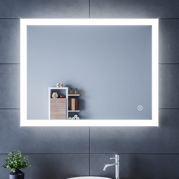 SIRHONA Miroir LED Salle de Bain 90x70cm Miroir Lumineux Salle de Bain avec Eclairage Intégré Anti-buée, Commande par Effleurement